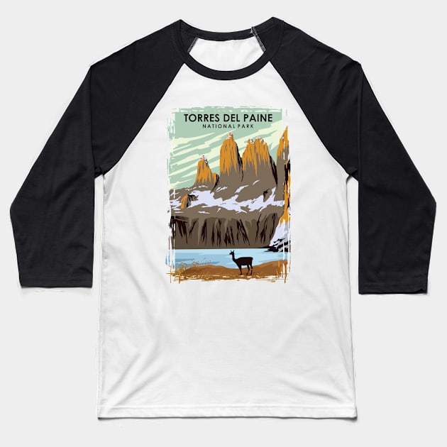 Torres Del Paine Natonal Park Vintage Minimal Chile Travel Poster Baseball T-Shirt by jornvanhezik